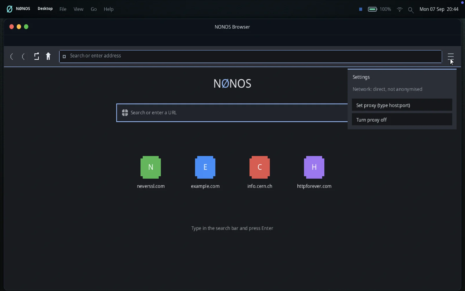 The browser's network setting: direct, not anonymised, with a proxy to set.