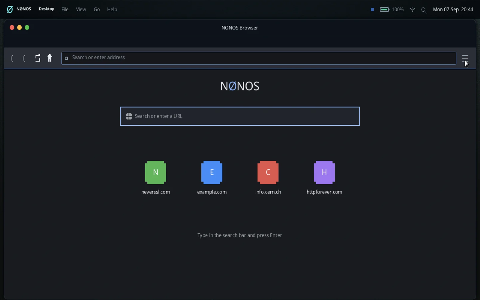 The NØNOS browser start page.