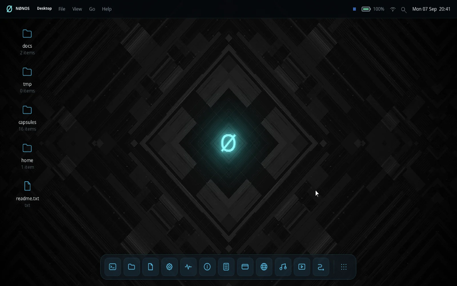 The NØNOS desktop: docs, tmp, capsules, home, readme.txt, and the dock.