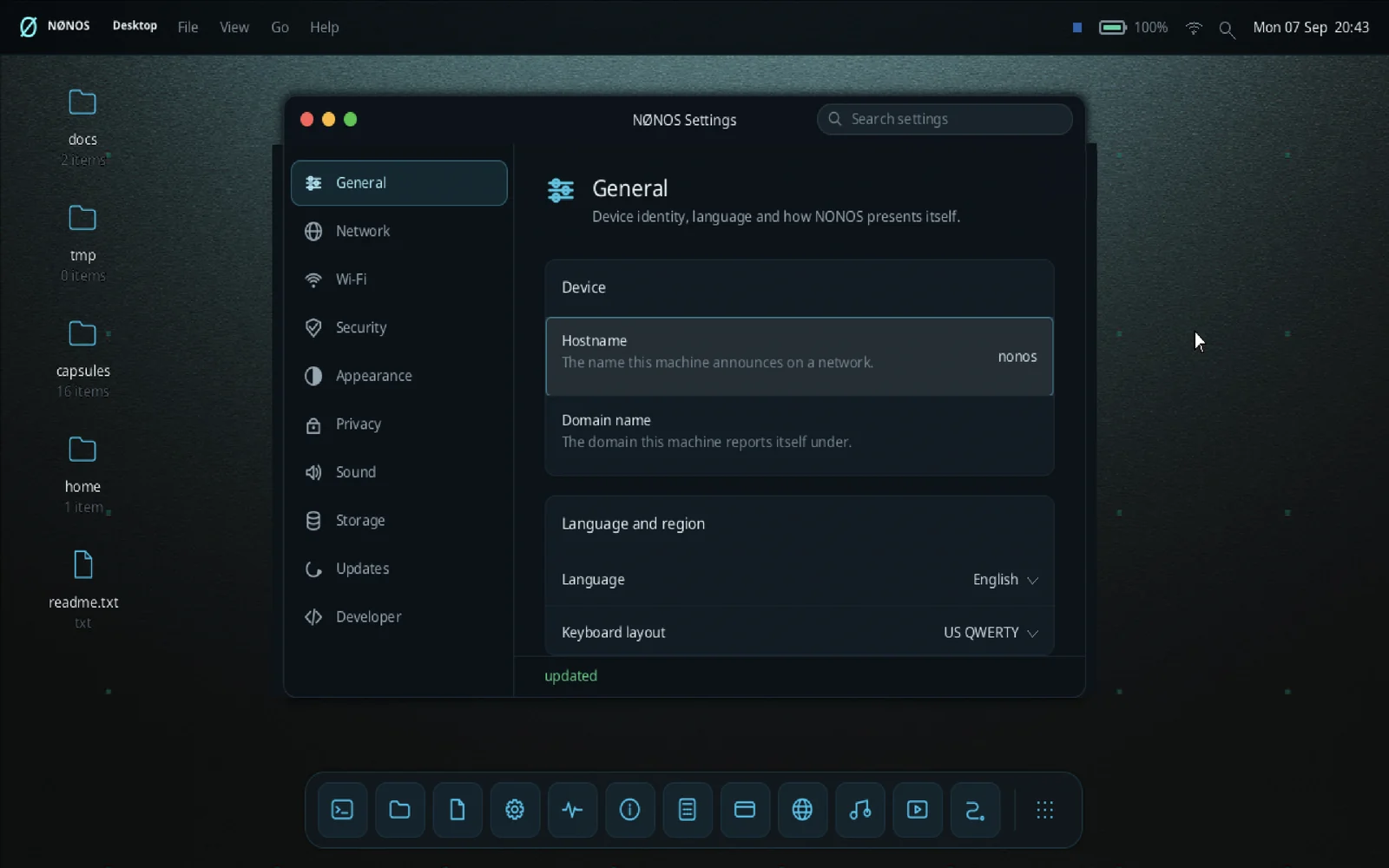 NØNOS Settings, General: hostname, domain name, language, keyboard layout.
